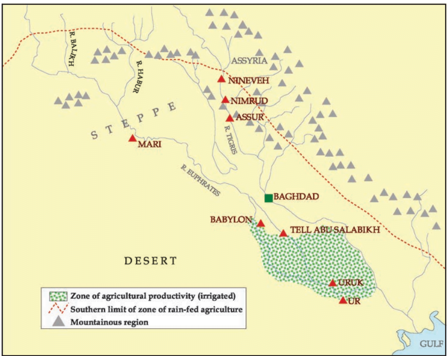 Mesopotamia:
Mountains, Steppe, Desert, Irrigated Zone of the South.