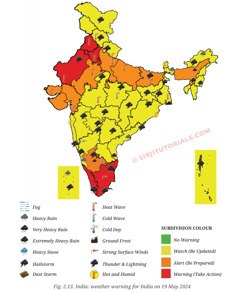 NCERT Class 6 Social Science Chapter 2 Understanding the Weather Question and Answers: Fig. 2.13. India: weather warning for India on 19 May 2024